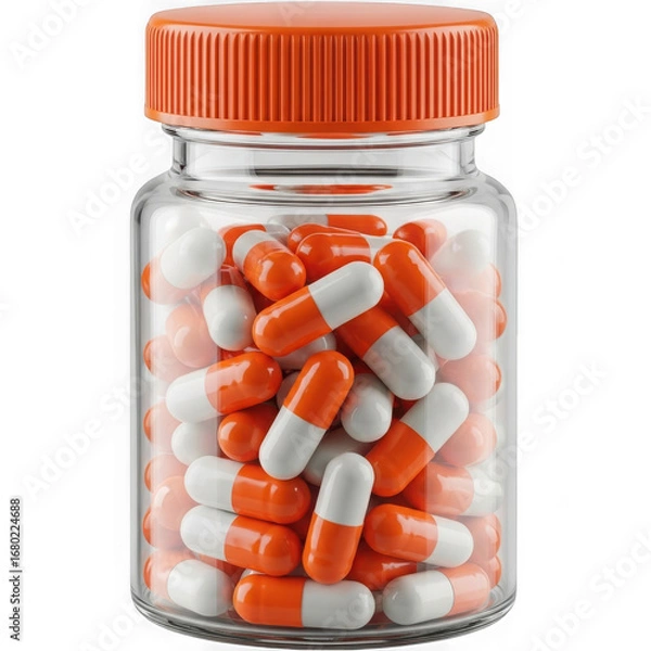 Fototapeta A clear glass bottle filled with orange and white capsules, isolated on a transparent background