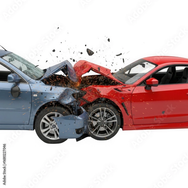 Fototapeta Two cars in a headon collision, with hoods crumpled and debris flying, isolated on transparent background