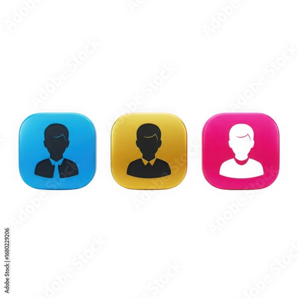 Fototapeta Three user profile icons in different colors blue, yellow, and pink, representing different people or accounts, isolated on transparent background