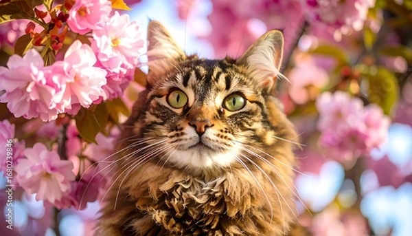 Fototapeta A cat amidst cherry blossoms