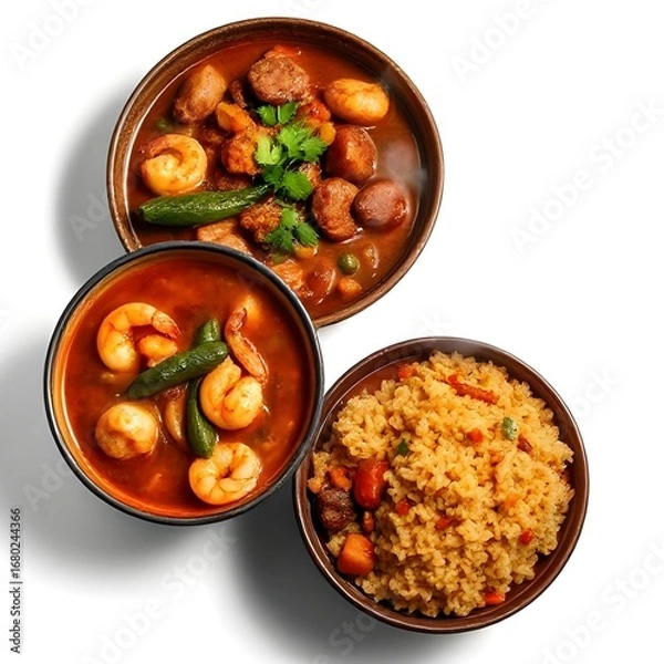 Fototapeta Louisiana Gumbo with Shrimp, Sausage, and Okra Next to Jambalaya Rice