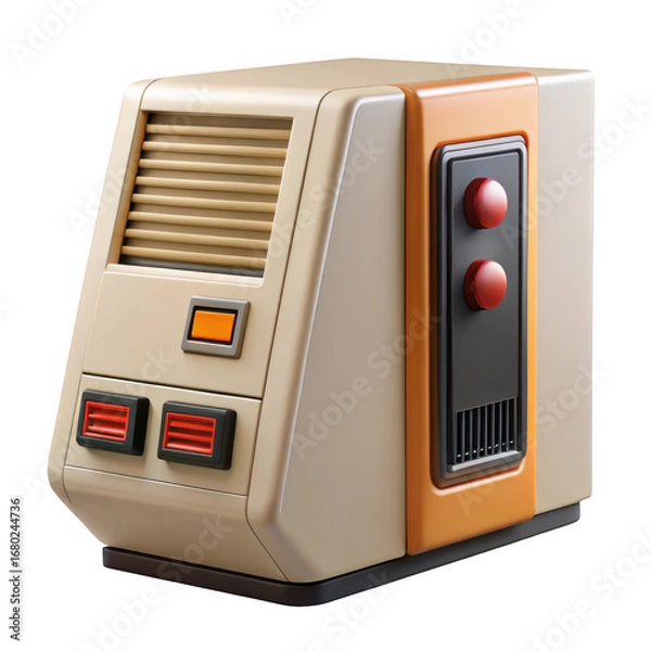 Fototapeta Retro futuristic appliance with orange accents and red buttons isolated on black transparent background