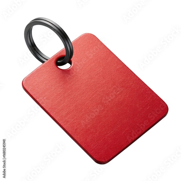 Fototapeta Detailed red rectangular keychain tag with ring on a dark studio background transparent background