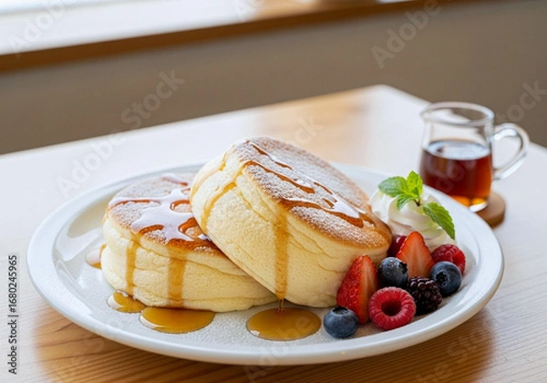 Fototapeta メープルシロップがかけられた、ふわふわのスフレパンケーキ