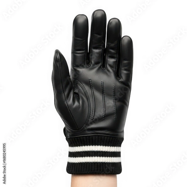 Fototapeta A black leather glove with a knitted cuff and white stripes, worn on a persons hand, isolated on a transparent background