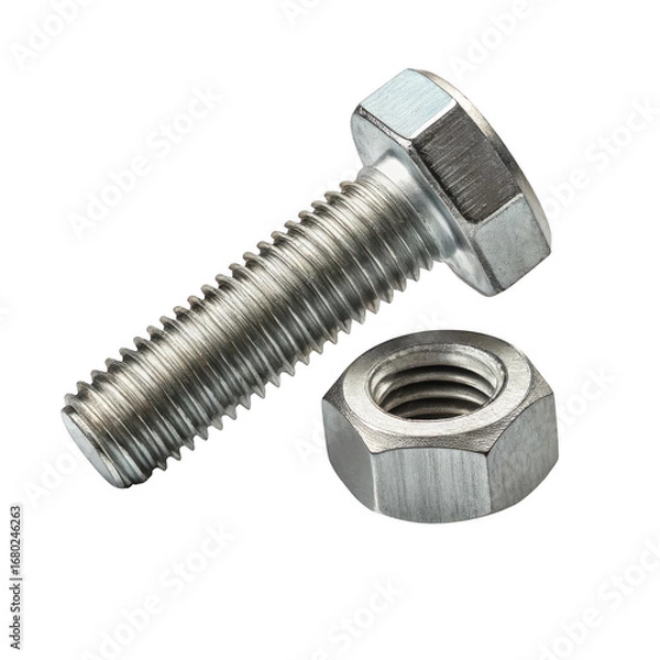 Fototapeta Close-up of a metal hex bolt and nut assembly isolated on a plain background for industrial use transparent background