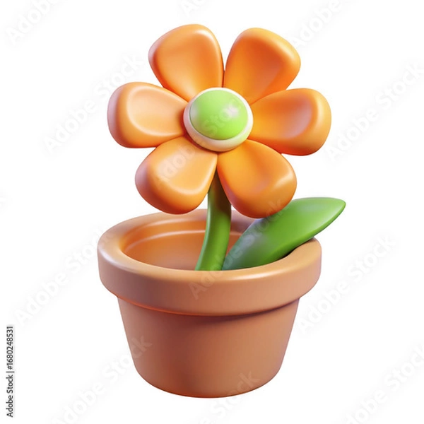 Fototapeta Charming clay flower in terracotta pot with green center and orange petals on black transparent background