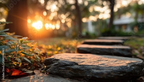 Fototapeta Sunlit stone path in a garden setting, shallow depth of field