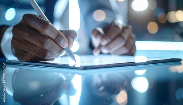 Fototapeta Digital Signature of a professional: A close-up shot showcases a hand engrossed in the act of digitally signing documents on a tablet. With a focus on precision and professional workflow.