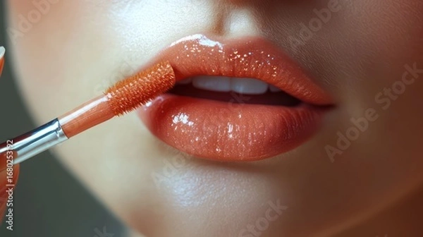 Obraz Close up of a peachy orange lip gloss application on a womans lips smooth glossy texture under dramatic lighting