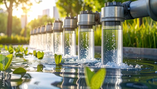 Fototapeta Purification Process in Action: A close-up shot revealing an intricate water treatment facility showcasing the elegance of efficient systems and the promise of a cleaner planet.