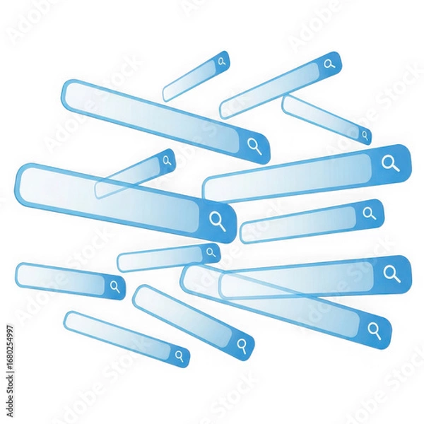 Fototapeta A collection of blue search bars with magnifying glass icons, isolated on a transparent background, representing online search and data