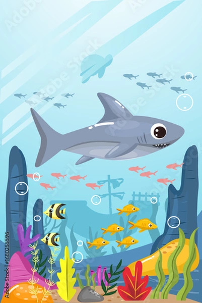 Obraz cartoon background with illustrations of cute sharks and a colorful underwater world