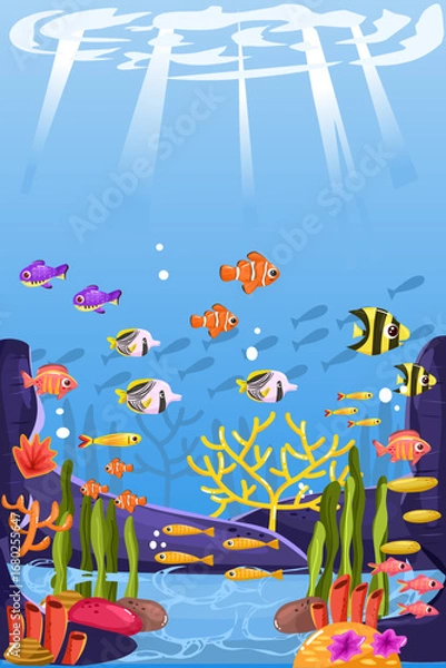 Obraz illustration of shallow underwater scenery with small fish and colorful coral reefs