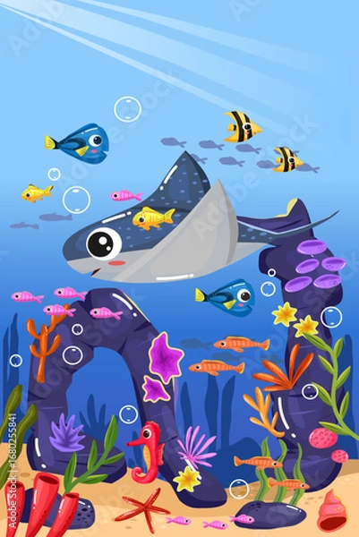 Obraz Underwater Scene background with Smiling Stingray and Colorful Fish cartoon cute style