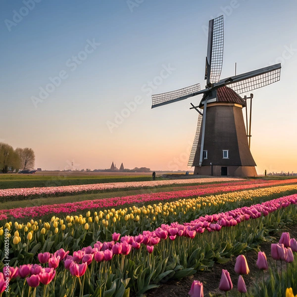 Fototapeta A windmill standing tall with a field of tulips background