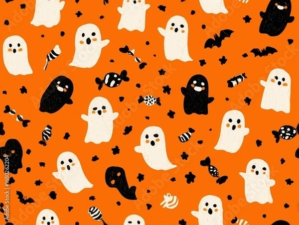 Obraz Seamless repeat pattern with Halloween candy and ghosts in black on orange, luxury sublimation print effect, vector SVG file for commercial textile use.