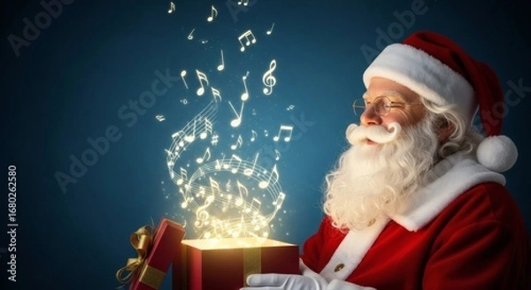 Obraz santa claus opening magic gift box with glowing musical notes