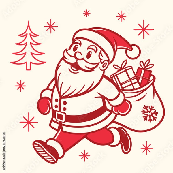 Fototapeta Retro-style illustration of Santa Claus running with a sack of gifts and Christmas tree on a cream background