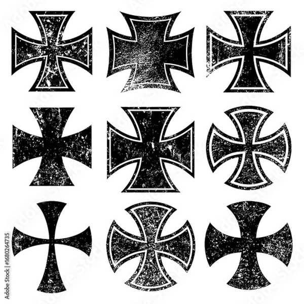 Fototapeta Set of grunge iron cross symbols in vintage distressed style, Transparent Background