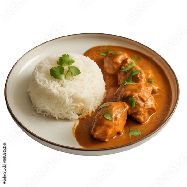 Fototapeta Savory chicken tikka masala with fluffy basmati rice, a vibrant Indian culinary delight.