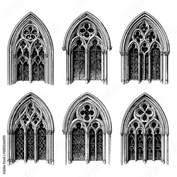 Fototapeta Gothic cathedral window set with ornate tracery in vintage engraving style, Transparent Background