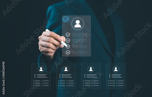 Fototapeta Businesswoman selecting digital resume with checklist on virtual screen, representing recruitment, job application process, digital HR solutions for modern human resource management