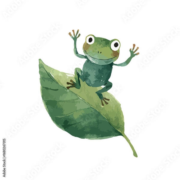 Fototapeta Watercolor style frog with raised arms perched on a textured green leaf