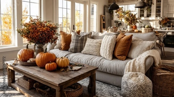 Fototapeta Cozy Autumn Home Decor: A inviting living room, adorned with the warm hues of autumn, beckons with its inviting arrangement of seasonal elements, promoting serenity and ease. Generative Ai