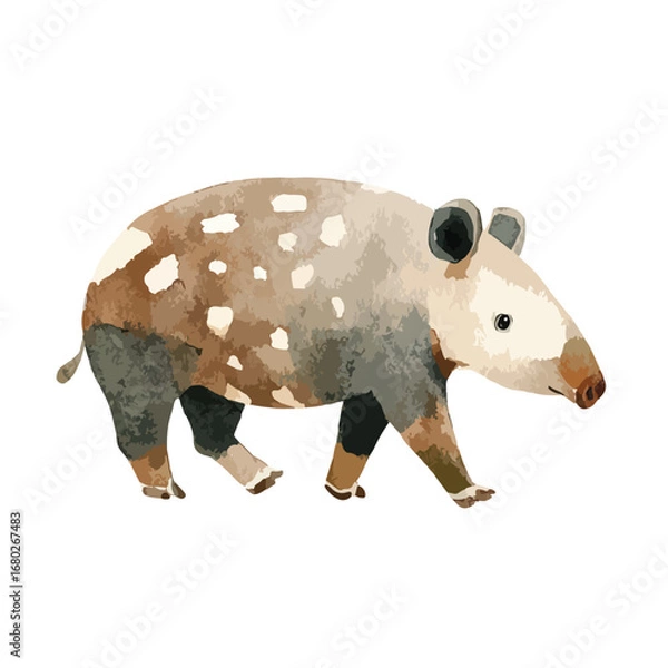 Fototapeta Watercolor Style Lowland Tapir with Distinct Mottled Pattern Walking Forward