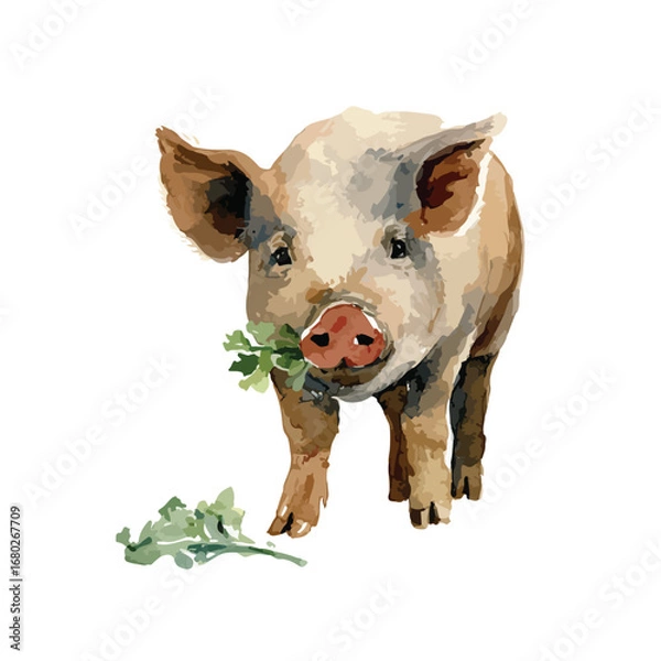 Fototapeta Watercolor style piglet with leafy greens in its mouth looking forward