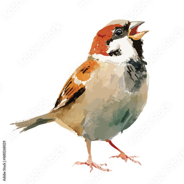 Fototapeta Watercolor Style Sparrow in Full Song Open Beak Detailed Feathers