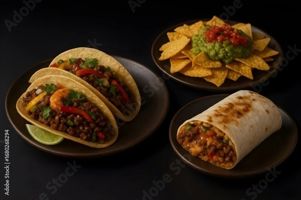Fototapeta Tex-Mex Spread with Tacos, Burrito, and Nachos with Guacamole