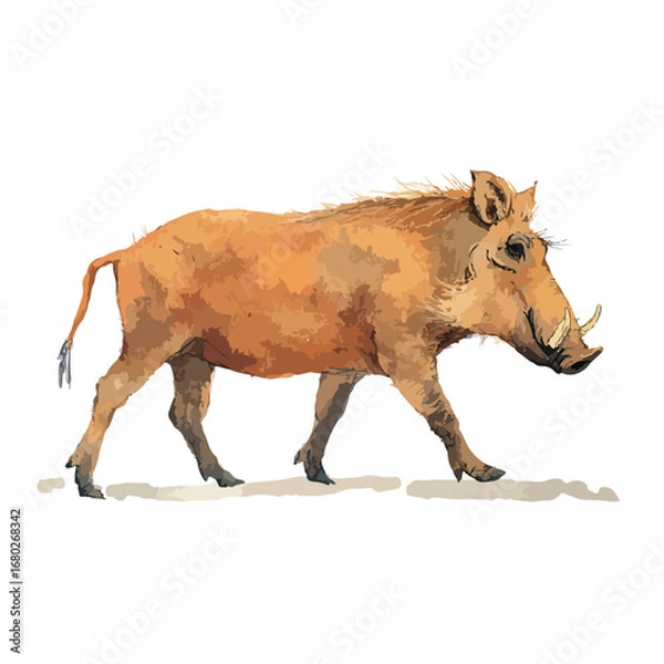 Fototapeta Watercolor Style Warthog Striding with Prominent Tusks and Bristly Mane