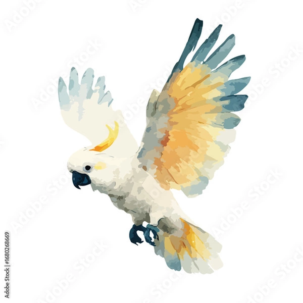 Fototapeta Watercolor SulphurCrested Cockatoo in Flight with Textured Feathers and Dark Beak