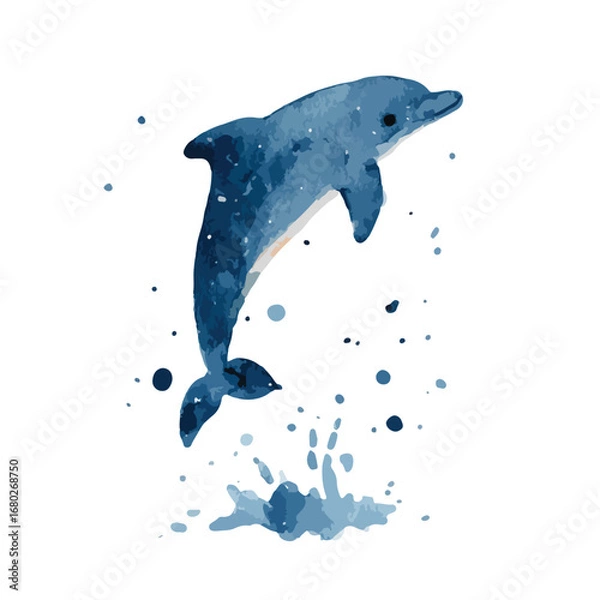 Fototapeta Watercolor textured dolphin leaping with splash effect in shades of blue