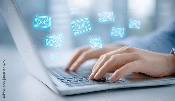 Obraz Hands typing on a laptop, email icons overlay