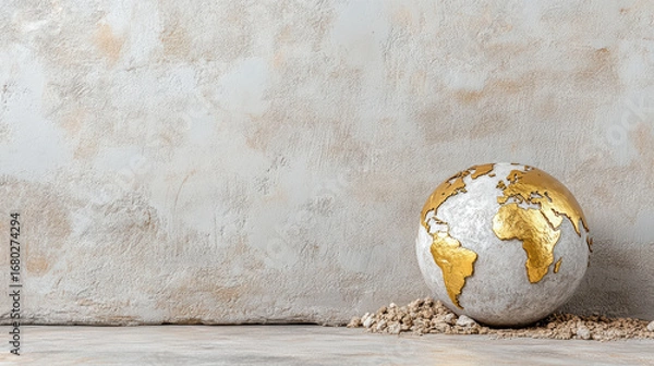 Fototapeta Decorative globe with gold continents rests textured surface, symbolizing wealth and global