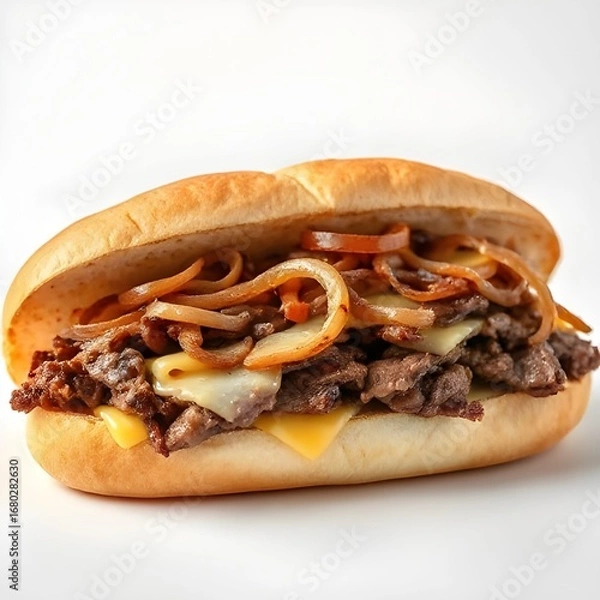 Fototapeta Philly Cheesesteak Sandwich with Caramelized Onions and Melted Cheese