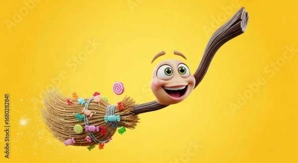 Obraz Cartoon broom character with a smiling face and candy on a bright yellow background