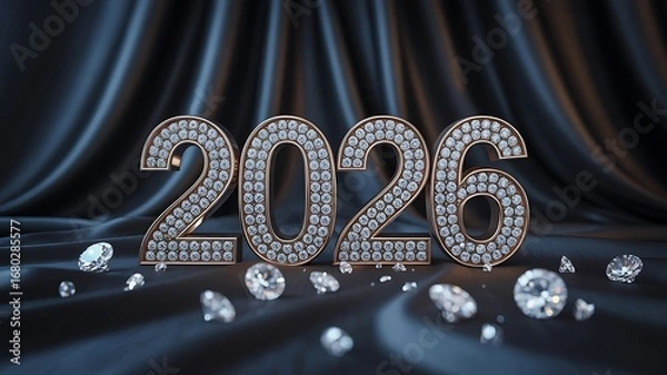 Obraz Celebrate upcoming New Year 2026 with dazzling diamond numbers and scattered gems on luxurious dark satin fabric, evoking wealth and luxury for festive occasions.