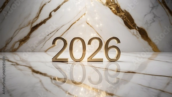 Obraz Celebrate the arrival of 2026 with stunning golden numerals and sparkling festive lights against a luxurious marble backdrop for your next project