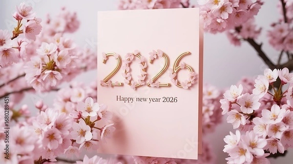 Obraz Elegant 2026 New Year greeting card surrounded by delicate pink cherry blossoms, perfect for seasonal celebrations and springtime themes.