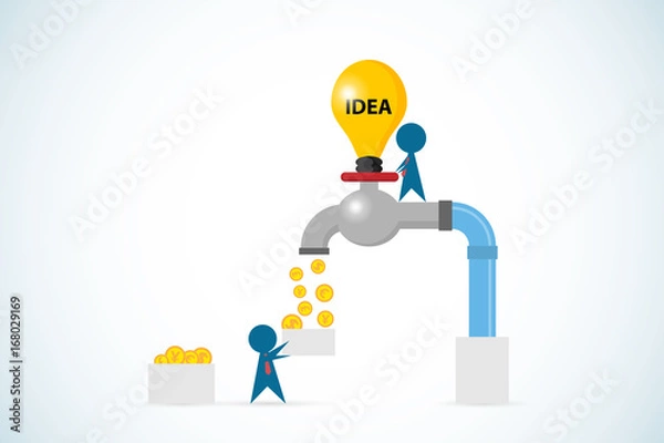 Fototapeta businessman open lightbulb faucet to gain golden coins, idea and business concept
