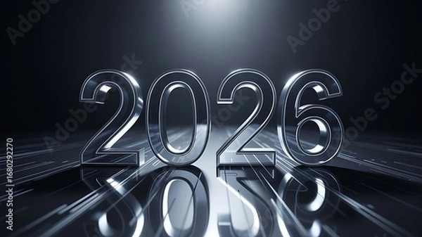 Obraz Stunning 2026 metallic numbers reflecting on a futuristic digital surface, ideal for future planning, tech advancements, and New Year celebrations