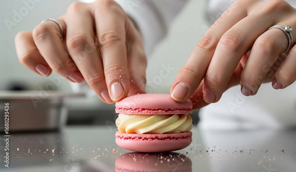 Fototapeta A pastry chef's hands assemble a delicate, perfect pink macaron, sandwiching a swirl of creamy white filling between the two almond meringue shells.