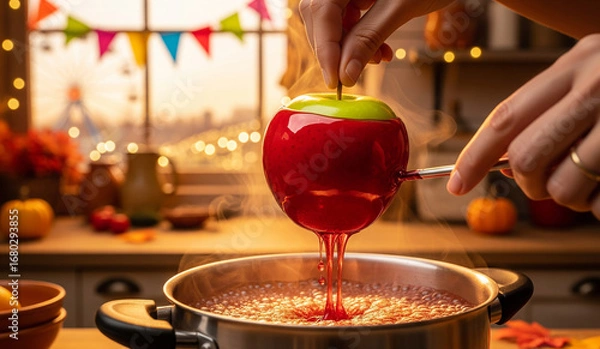 Fototapeta A close-up of a person making a shiny red candy apple at a fair, dipping a green apple into a pot of hot, bubbling candy, a classic, festive treat.