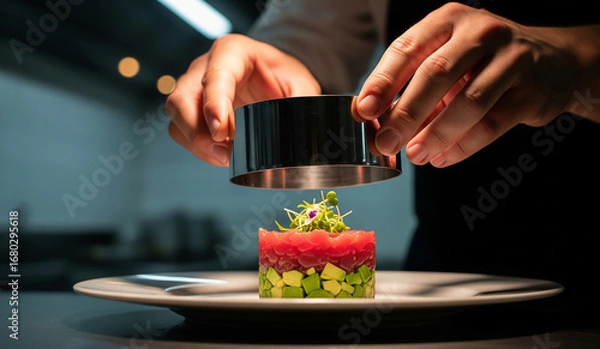 Fototapeta A close-up of a chef in a black uniform using a ring mold to artfully plate a colorful tartare dish made with tuna, avocado, and other fresh ingredients.