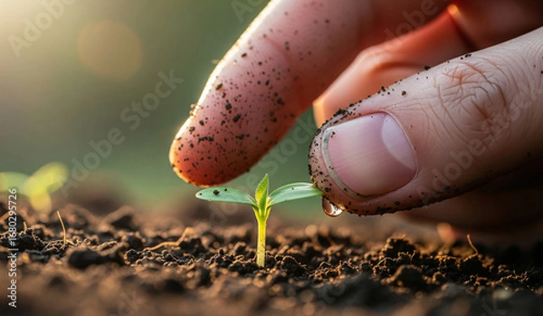 Fototapeta A person's finger gently touches a tiny, new green sprout emerging from rich, dark soil, with a single drop of water, symbolizing new life, growth, and hope.
