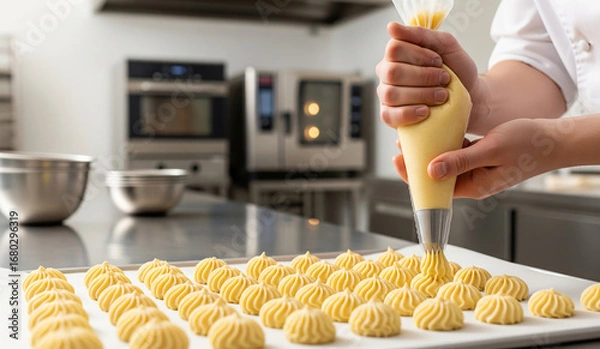 Fototapeta A pastry chef's hands use a piping bag to create perfect swirls of choux pastry dough on a baking sheet, preparing delicious cream puffs or éclairs.